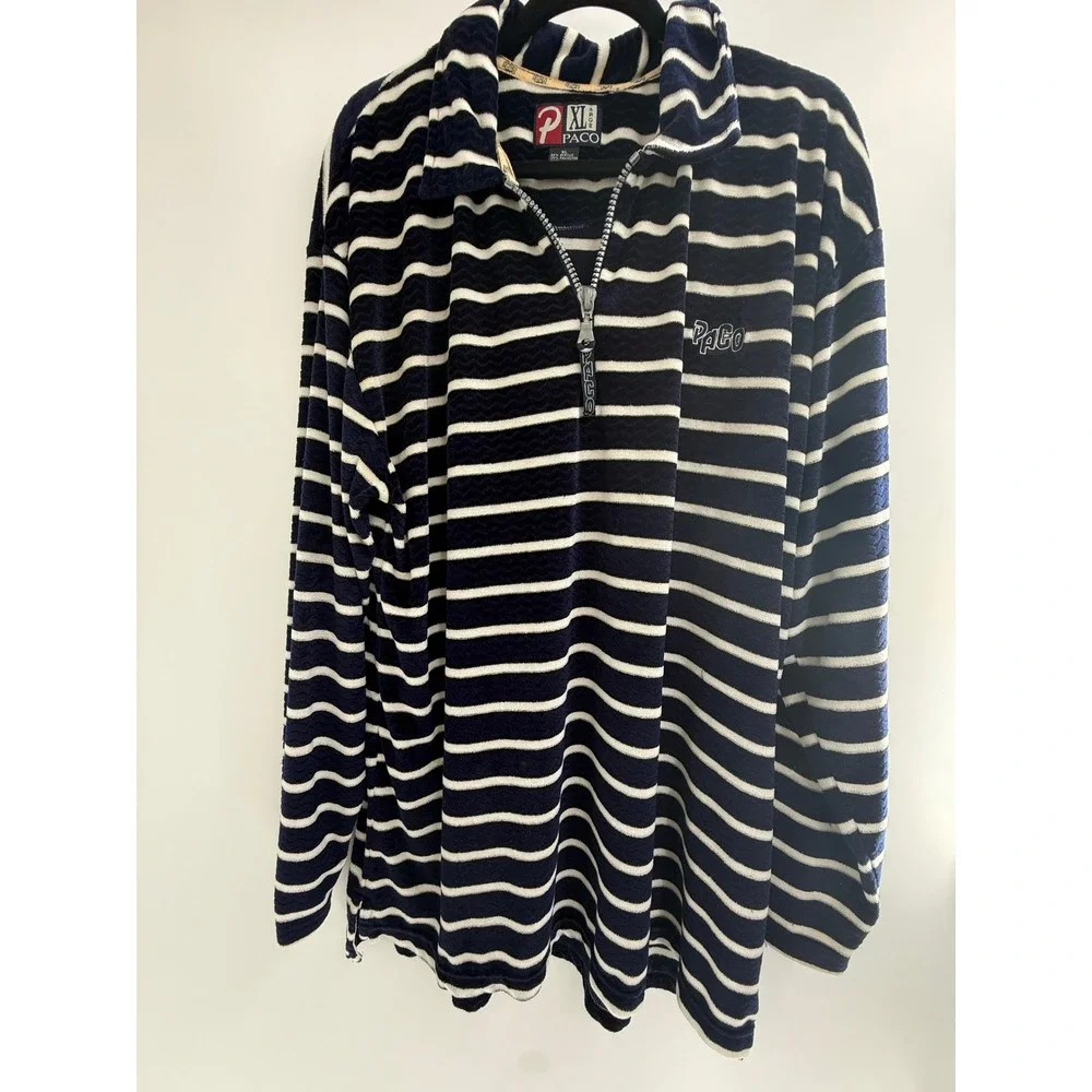 Paco Sport Vintage Quarter Zip Pullover Navy Blue White Striped Fleece XL